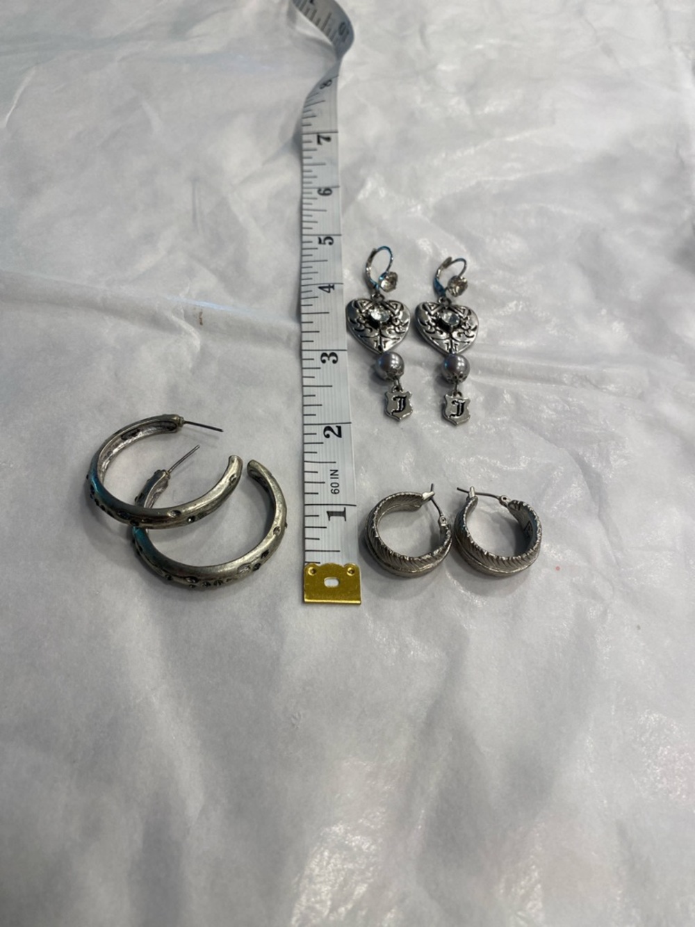 Silver Earring Bundle 3 Pair Set | Heart Dangle + Textured Hoops | Vintage Style - Picture 6 of 10